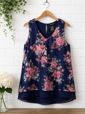 Torrid Floral Chiffon Layered Tank Blouse Navy Pink Plus Size 3 3X